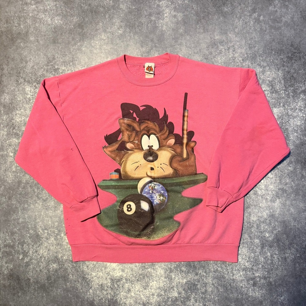 Vintage 1998 Looney Tunes Taz Pool 8‎ Ball Sweatshirt Pink Brazos Sportswear L